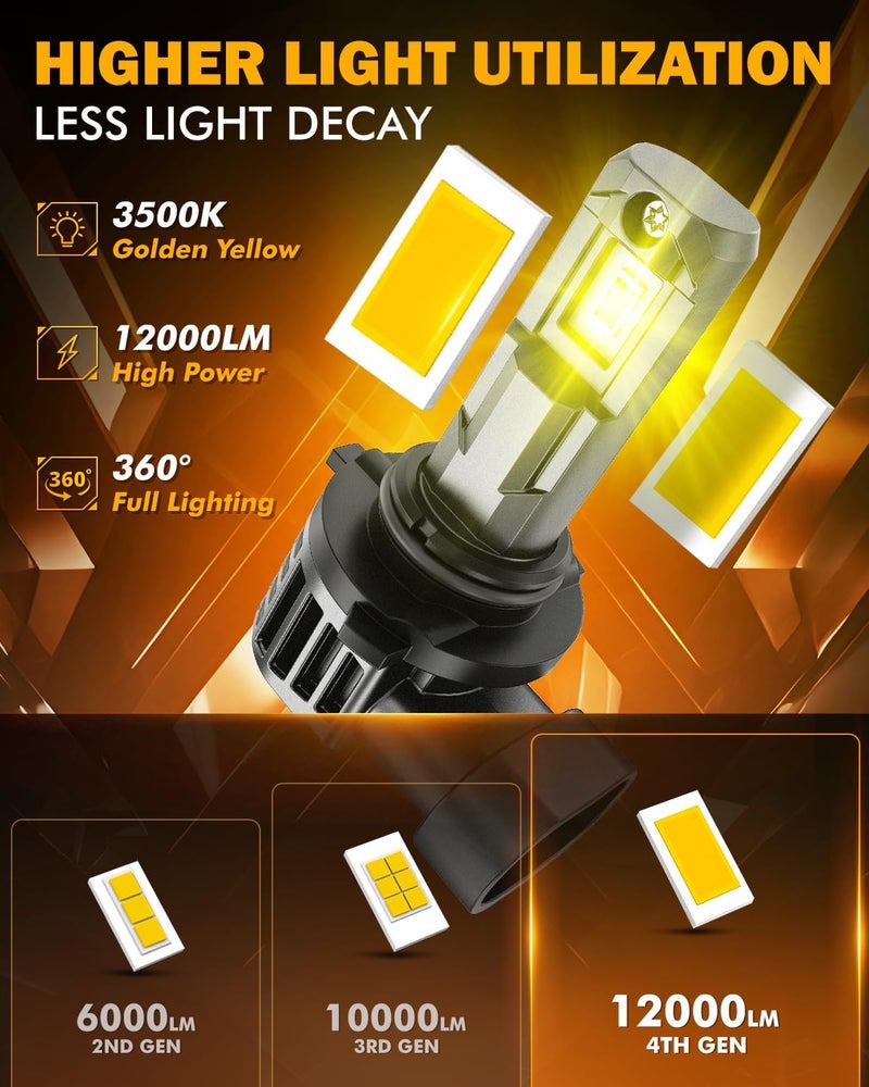 Auxbeam 9006 أضواء الضباب، 3000K أصفر ذهبي، 12000LM سطوع فائق 600% أكثر سطوعًا، رؤية محسّنة للضباب والطرق الوعرة، توصيل وتشغيل، عبوة من 2 - Image 2